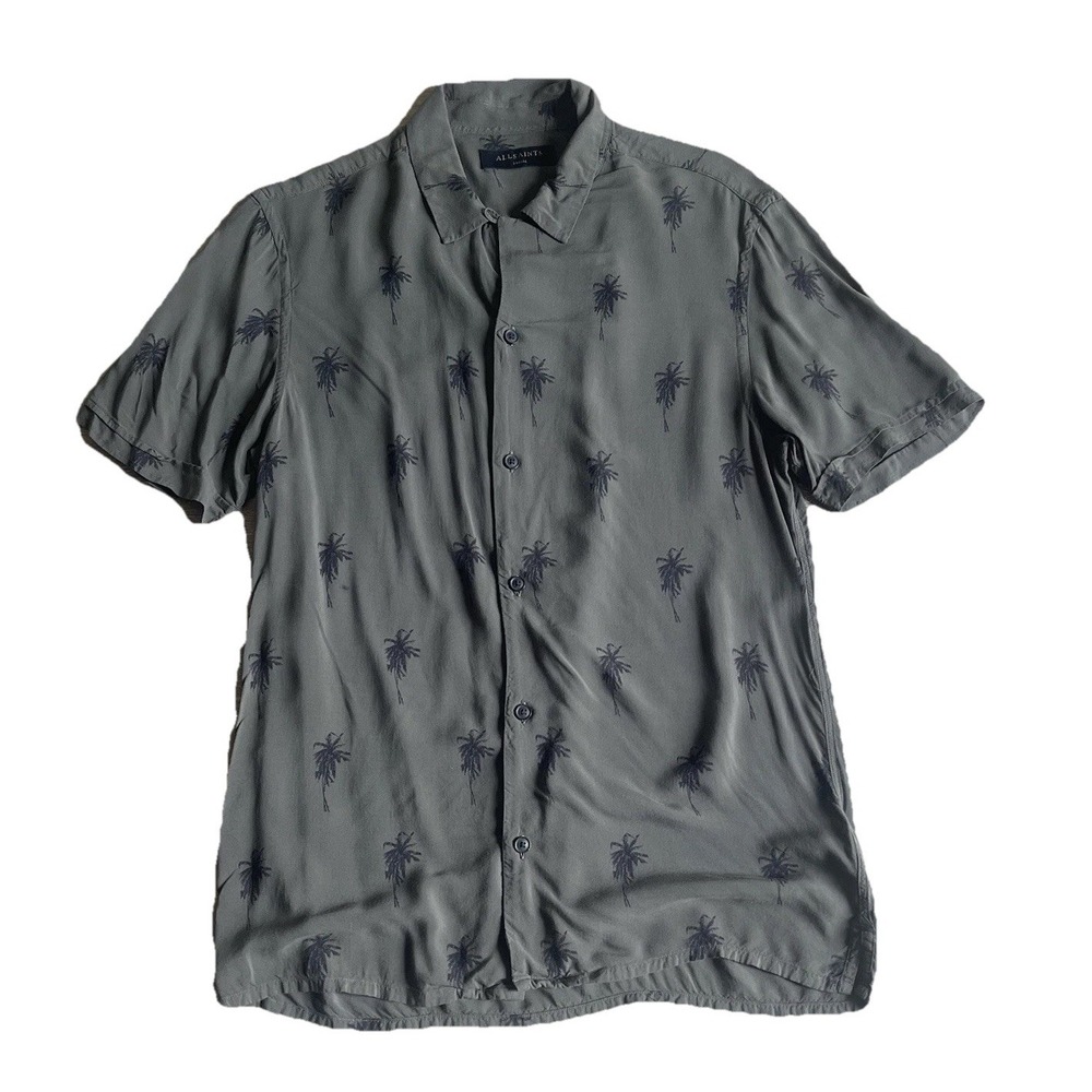 All Saints Men's Hawaiian Shirt Small Green Palm Trees Button Down Short Sleeves